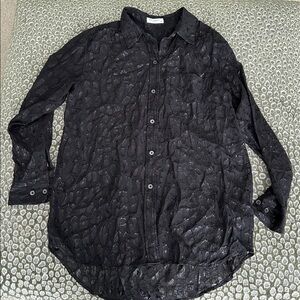 Equipment Femme sheer black jacquard button up shirt
